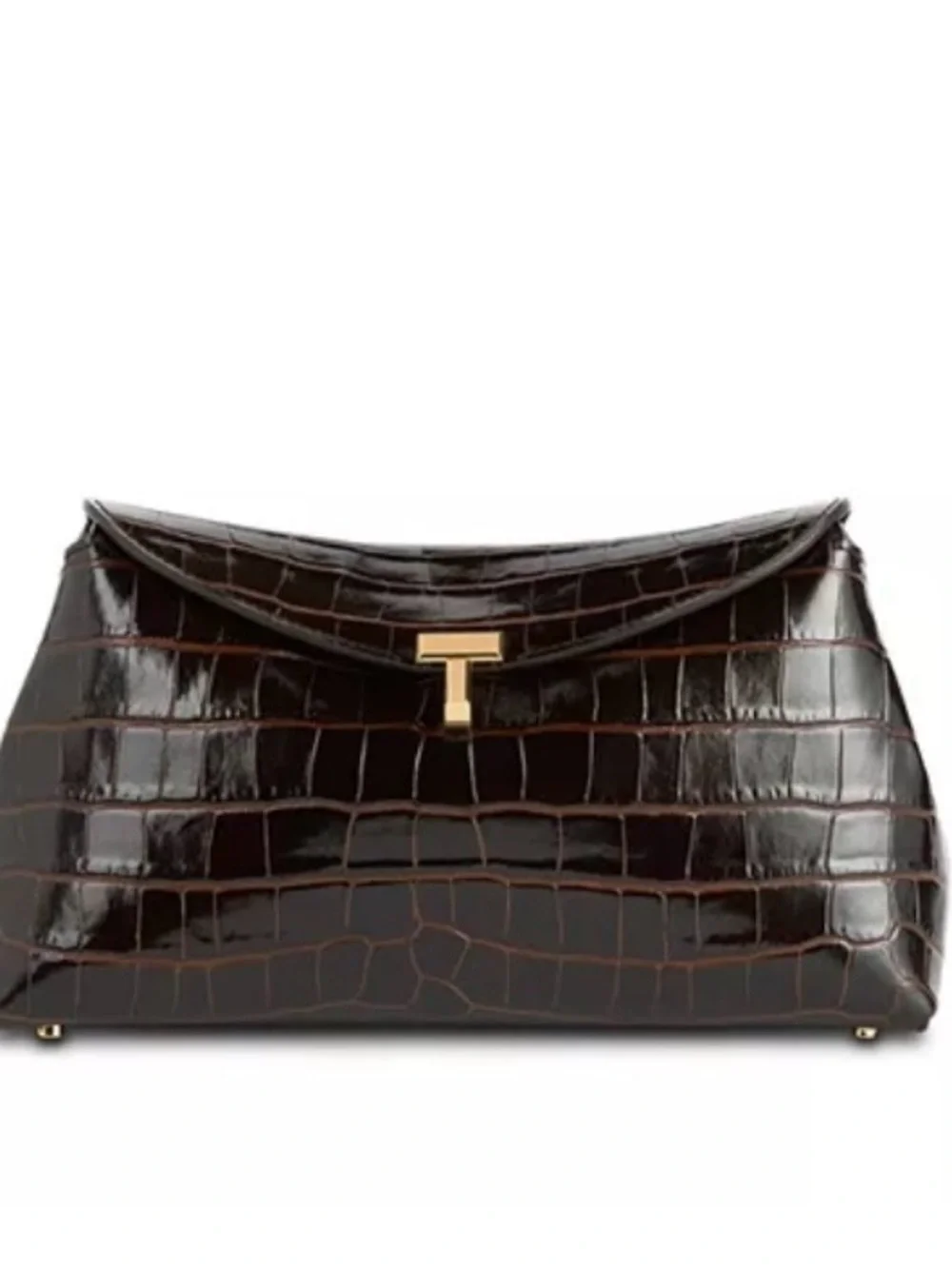 Toteme T-Lock Croc Embossed Leather Clutch in Dark Brown